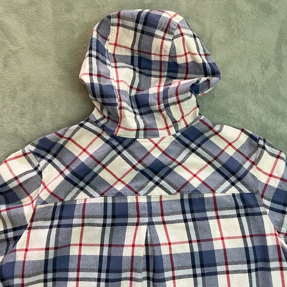 Columbia Flannel Womens XL Red White Blue Plaid Drawstring Button Up Hoodie - Picture 6 of 13